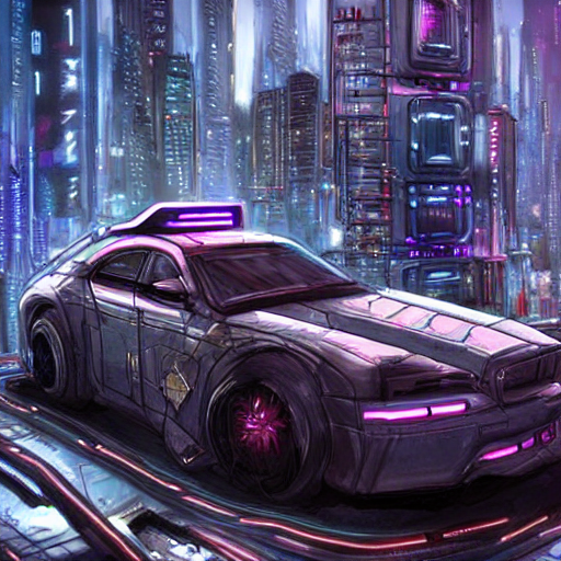 Un concept artistique d'une voiture cyberpunk, généré par Stable Diffusion.