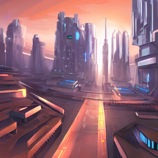Image conceptuelle d'une ville futuriste au coucher du soleil, générée par la diffusion stable.