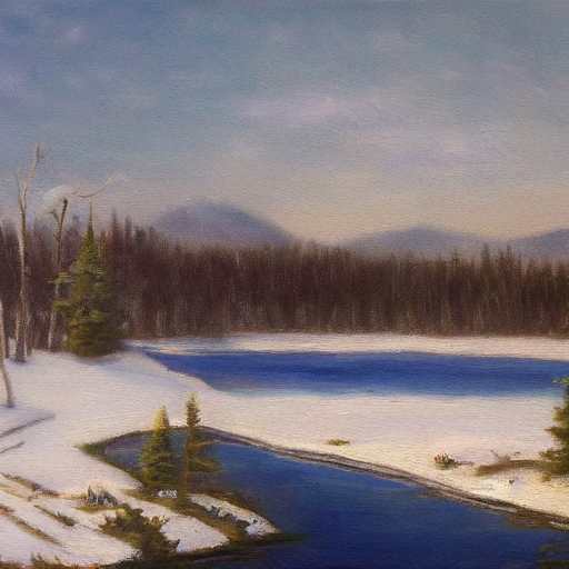 Une peinture à l'huile d'un lac en hiver, générée par la diffusion stable.